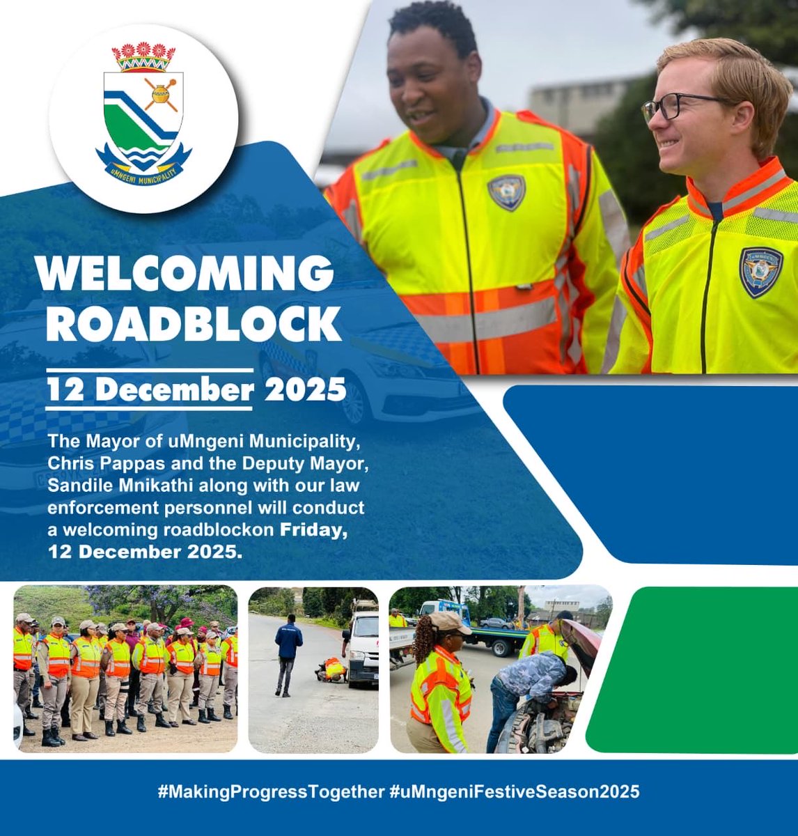 UmngeniLocal's tweet image. uMngeni Municipality kicks off the Festive Season with a Road Safety Initiative through a welcoming roadblock.

#MakingProgressTogether 
#SafetyStartsWithYou