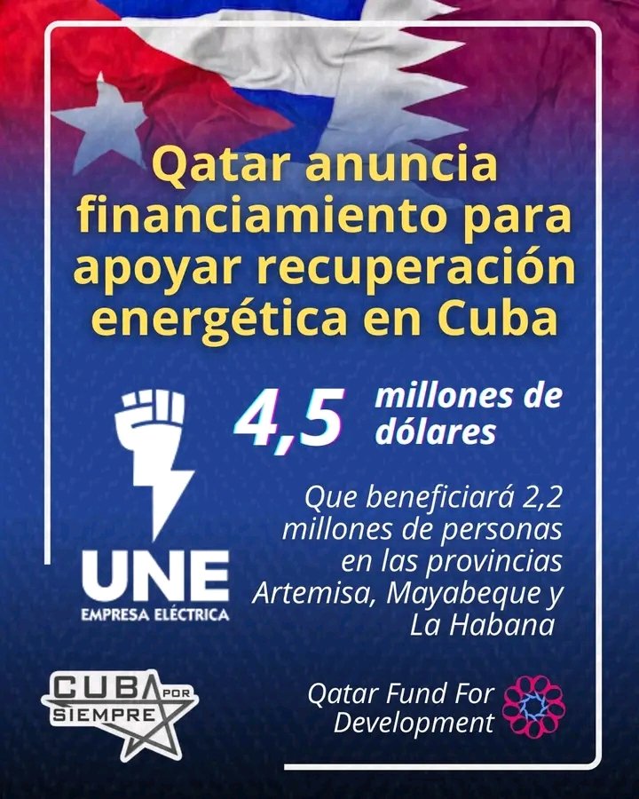🇶🇦🇨🇺  Anuncia Qatar un acuerdo de subvención por 4,5 millones de dólares con el Programa de las Naciones Unidas para el Desarrollo - PNUD, destinado a apoyar la recuperación energética en las provincias cubanas de Artemisa, Mayabeque y La Habana.
#UnidosXCuba
#15AñosArtemisa
