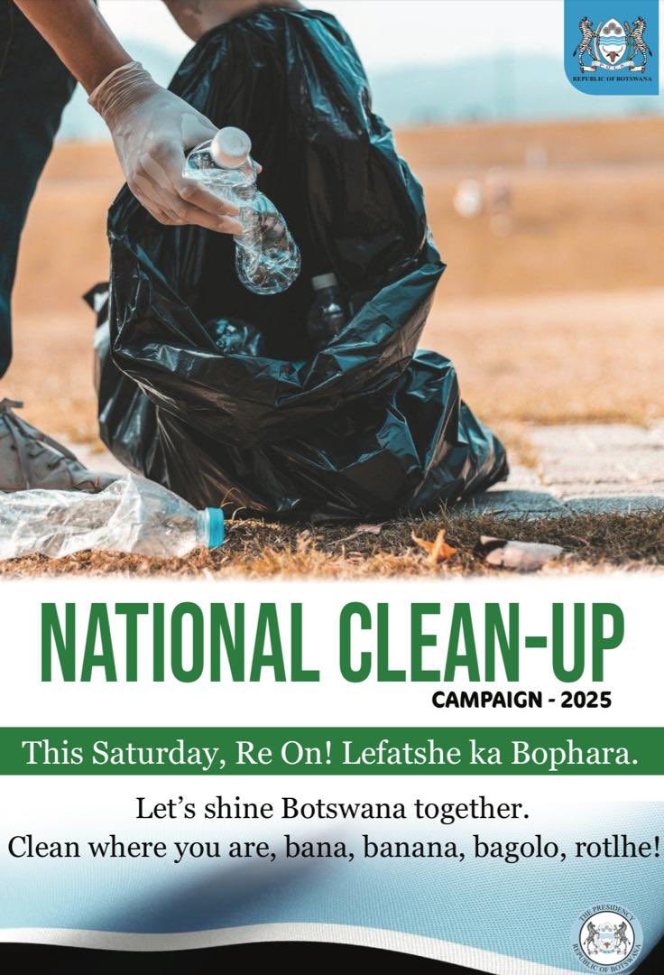 duma_boko's tweet photo. National Clean Up Campaign
Every second Saturday of the month, businesses, families, and communities unite to clean and uplift our shared spaces.
A clean country is safer from disease, hazards, and disaster. Together, let’s make Botswana shine.
#NationalCleanUpCampaign https://t.co/v3HektWfFC