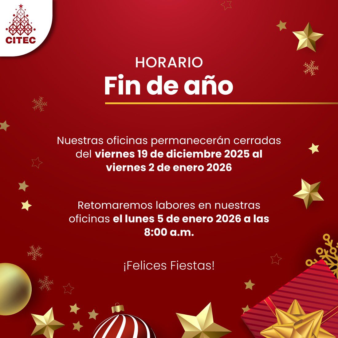 CITECCR's tweet photo. Les informamos nuestros horarios para las festividades de Navidad y Año Nuevo 🎄✨ https://t.co/S3fVdmEmUa