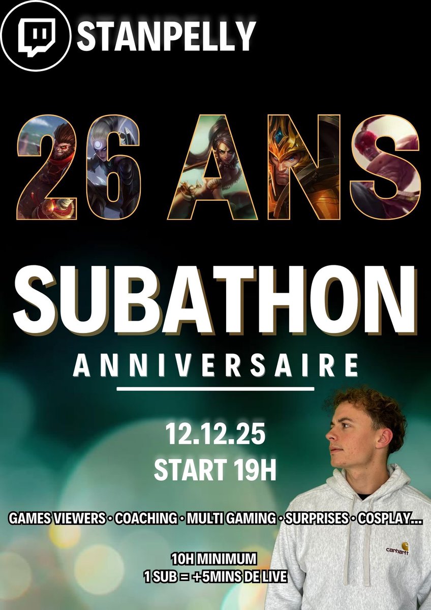 Stanpelly's tweet photo. Je fais un subathon anniversaire ce week-end !
Solo q, tier list, coaching, 5v5, cosplay et bien d’autres au programme 
Rdv à 19h ce soir 🥳 https://t.co/GBfdCkfRsZ