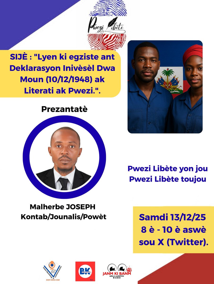 10 Desanm 1948, nan vil Pari, asanble jeneral nasyonzini te adòpte Deklarasyon Inivèsèl Dwa Moun, men se Ayiti ki rasin Dwa Moun nan mond lan. Demen samdi 13/12/25 sa a 8 è nan aswè, nou pral pale sou Dwa Moun atravè lyen li genyen ak Literati ak Pwezi, sou X (Twitter). Byenvini.