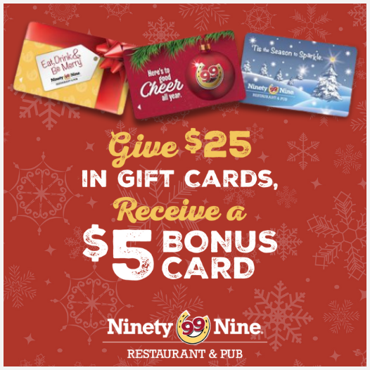🎁 Win a $50 Ninety Nine Restaurant &amp; Pub Gift Card!
Good food + great vibes + free popcorn = holiday magic.

Tune in to <a href="/djbuck1/">dj buck</a> <a href="/bigregg860/">BIG REGG</a> 

“You Gotta Love The Nines!”