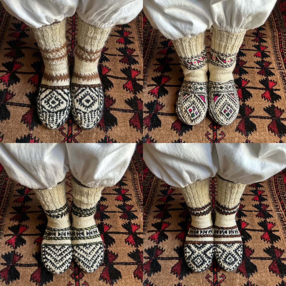 ひと言では語りきれないほど、イランには本当にいろんな靴下があります。
掘っても掘っても、まだ奥がある、、、

こちらの靴下はイランの東アーザルバーイジャーン州で編まれた靴下。
国境に近いエリアということもあり、
柄にはどこかアゼルバイジャンの空気が漂っています。