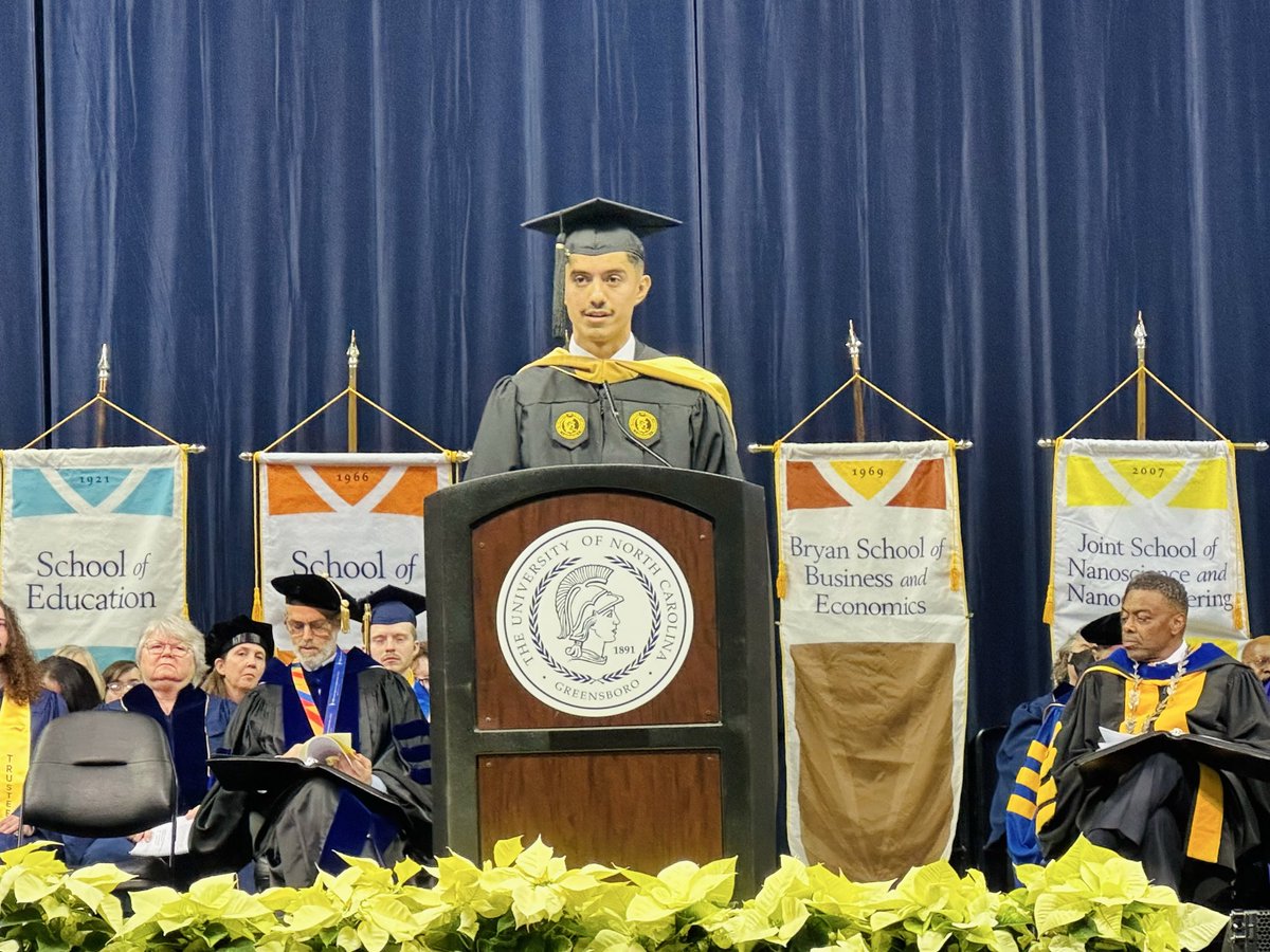 UNCG's tweet image. “Échale ganas – Give it your all," fellow graduate Juan Lopez Delapaz told the Class of 2025. 

We also encourage these Spartans to hold true to their vision, and we wish them much success. Congratulations on earning your degrees! 🎉💙💛

#UNCGGrad