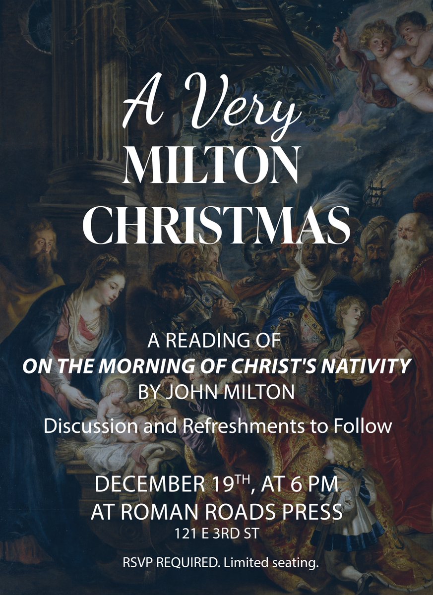 If you're in Moscow, Idaho: 

Join us for a reading of On the Morning of Christ's Nativity, by John Milton, at <a href="/RomanRoadsPress/">Roman Roads Press</a>!

Discussion and Refreshments to follow.
RSVP required:
romanroadspress.com/event/milton-c…