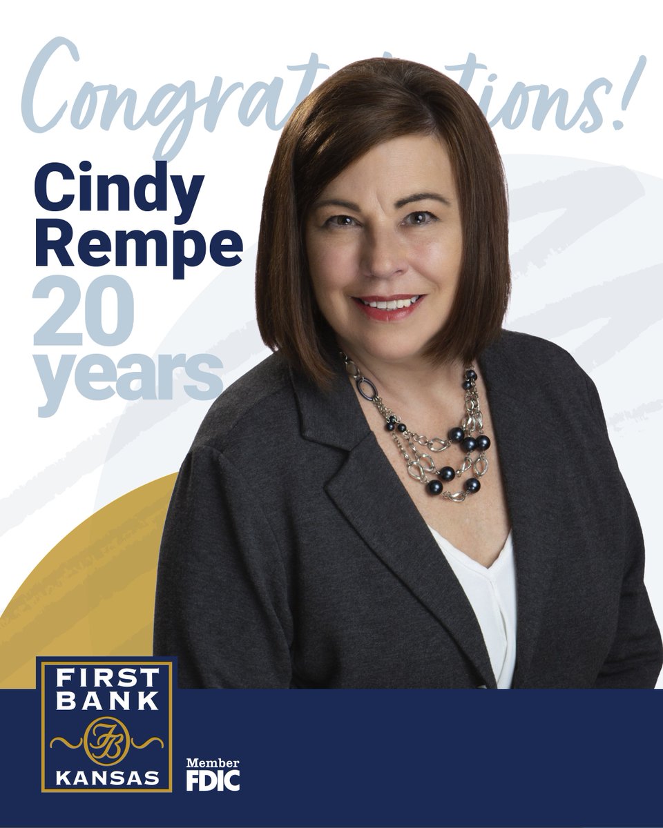 FirstBankKansas's tweet image. Celebrating 20 years with Cindy Rempe! Cindy's dedication to our commercial clients and her expertise in commercial services have been invaluable to First Bank Kansas. Thank you for two decades of excellence, Cindy!