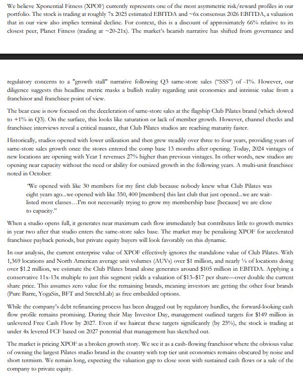 Voss Capital on Xponential Fitness $XPOF US

Thesis: Xponential Fitness is currently undervalued, trading at a significant discount compared to peers, with strong unit economics and cash flow potential that could lead to a substantial increase in its share price.

(From their