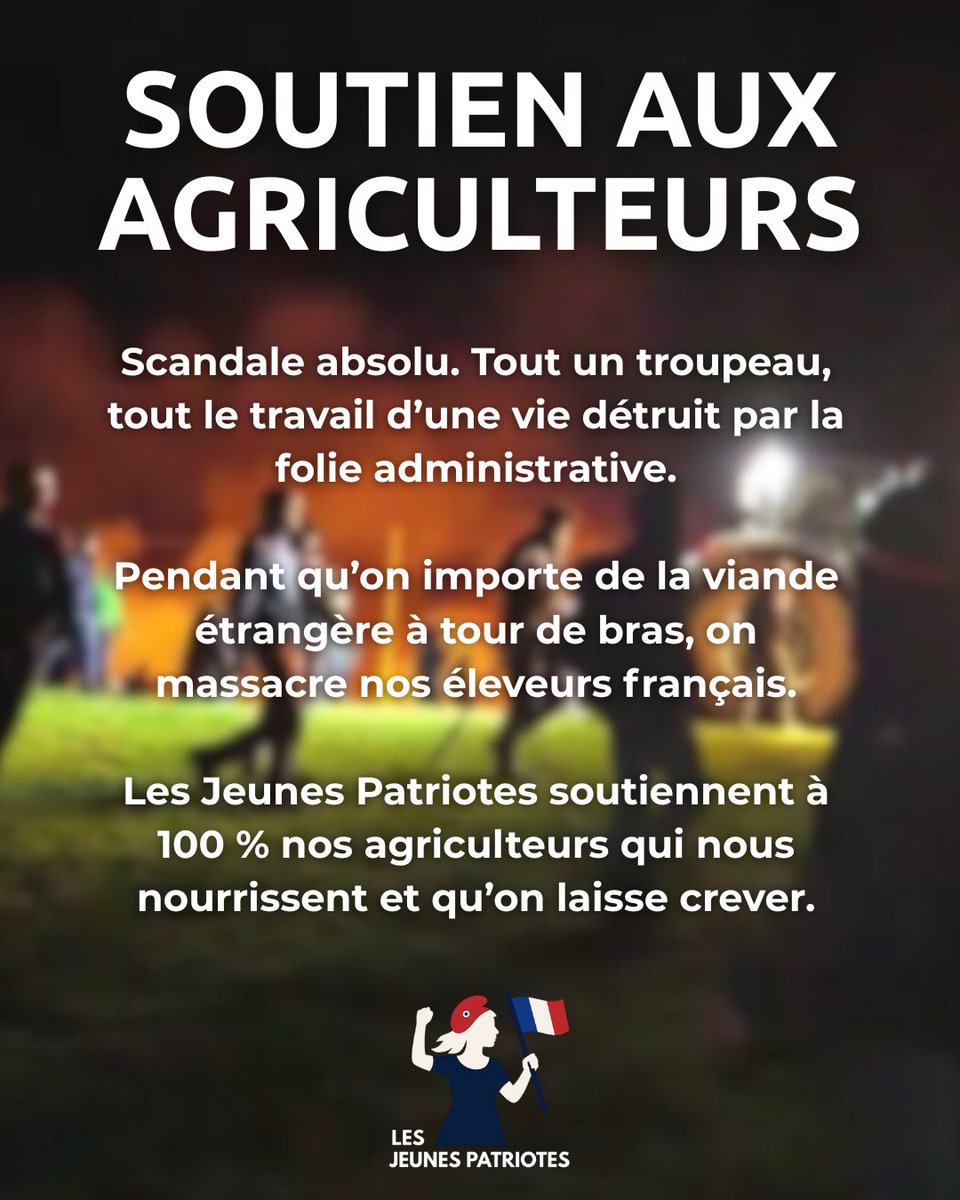 LPjeunes's tweet image. 🔴 Ariège : 208 vaches abattues pour UN cas douteux.
L’État tue nos agriculteurs pendant qu’il importe la viande étrangère.
Soutien total aux paysans qui nous nourrissent !
🇫🇷 #StopAbattage #SauvonsNosPaysans