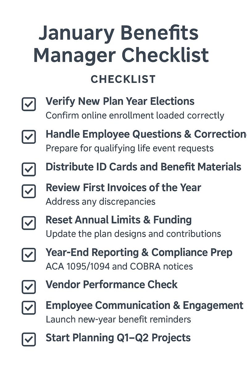 LetangLewis's tweet image. January is a huge month for Benefits teams.
Here’s a quick checklist I use to start the year strong.

✔ Elections
✔ ID cards
✔ Invoices
✔ Compliance
✔ Employee support

#HR #Benefits #EmployeeExperience
