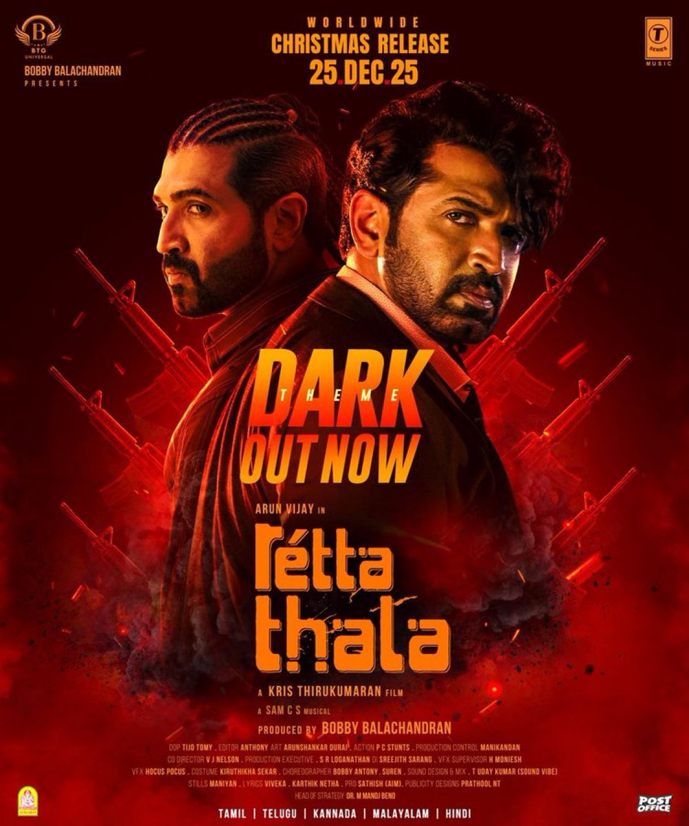 Experience the rage 💥<a href="/arunvijayno1/">ArunVijay</a> ’s  #RettaThala third single #DarkTheme OUT NOW. 

🔗 - youtu.be/ihNiJlUPZSI?si…

Worldwide #Christmas release 25-DEC-25

Produced By- <a href="/bbobby/">bbobby</a> <a href="/BTGUniversal/">BTG Universal</a>

Directed By- <a href="/kris_thiru1/">Kris Thirukumaran</a>

A <a href="/SamCSmusic/">𝐒𝐀𝐌 𝐂 𝐒</a>  's Musical