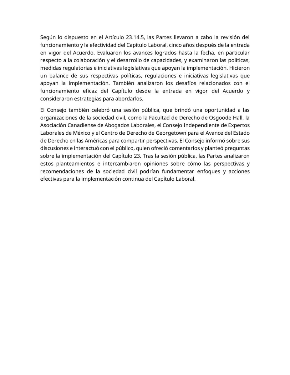 Declaración Conjunta del Consejo Laboral del Tratado entre México, Estados Unidos y Canadá.