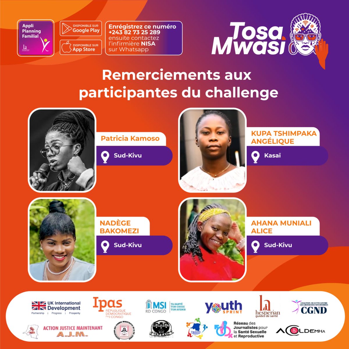 #TOSAMWASI 

Merci d’avoir pris part au Challenge, 

Votre énergie et votre créativité ont armé les filles et les femmes 🇨🇩 pour briser le silence,dénoncer les violences en ligne et exiger le respect de leurs droits.  

Ensemble, nous bâtissons un espace numérique sans violences.