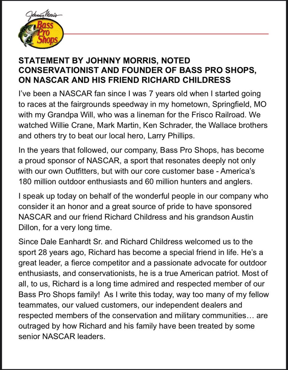 FailInspection's tweet image. Stand tall and wear your Bass Pro Shop hats and apparel with a little more pride today. The man Johnny Morris might have single handily saved NASCAR.

#NASCOURT #bassproshops #NASCAR