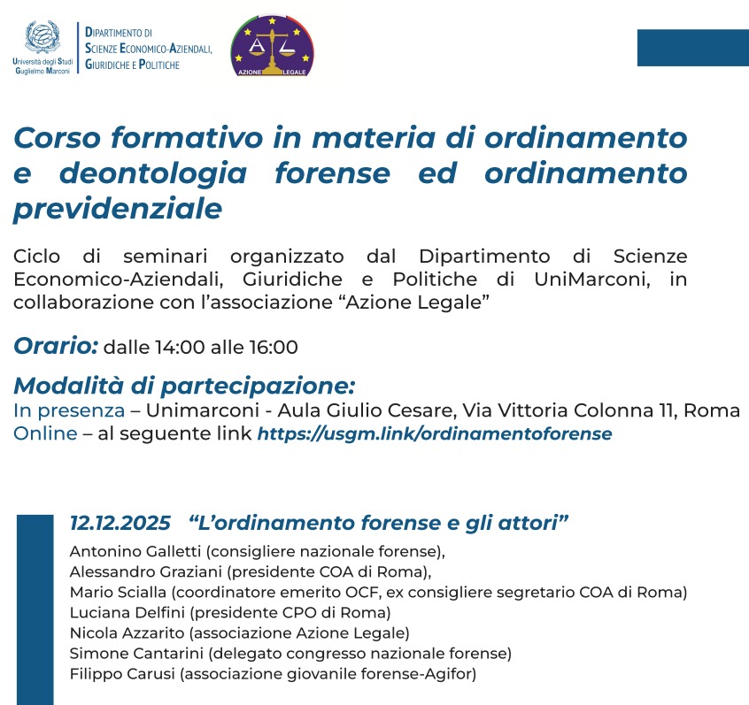 Oggi l'avvio del corso formativo sulle realtà forensi di AZIONE LEGALE ed UNIMARCONI