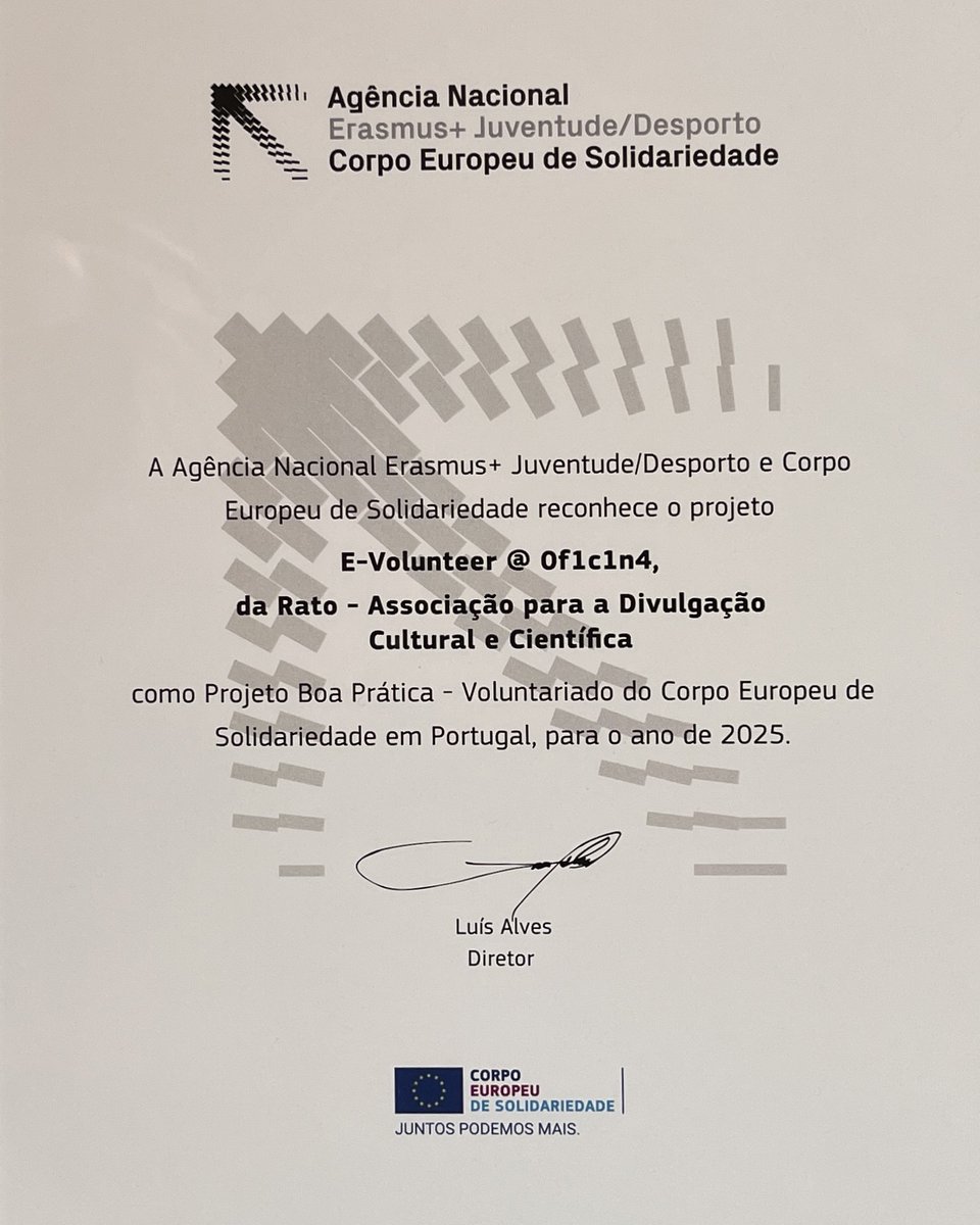 ratoadcc's tweet image. 📸
🇵🇹 A #RatoADCC recebeu o prémio de boa prática de #voluntariado no programa Erasmus+ com o projeto "E-Volunteer @ 0f1c1n4"

#Obrigado à @Erasmusmais, aos parceiros e a todas as organizações que promovem o #VoluntariadoJovem

#FazOTeuCaminho
. . .
🇬🇧 Best practice award in #ESC