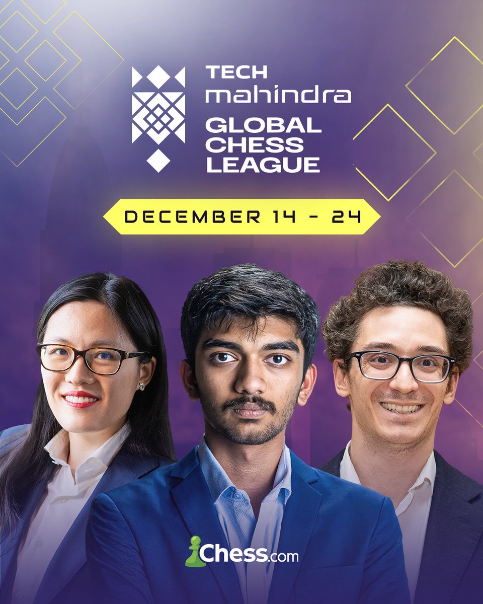 The 3rd season of the Tech Mahindra Global Chess League starts December 14 🔥

The star-studded teams include Gukesh, Caruana, Firouzja, Anand, Hou Yifan and MORE competing in a dramatic rapid time control for $1m! #MegaMove #TechMGCL