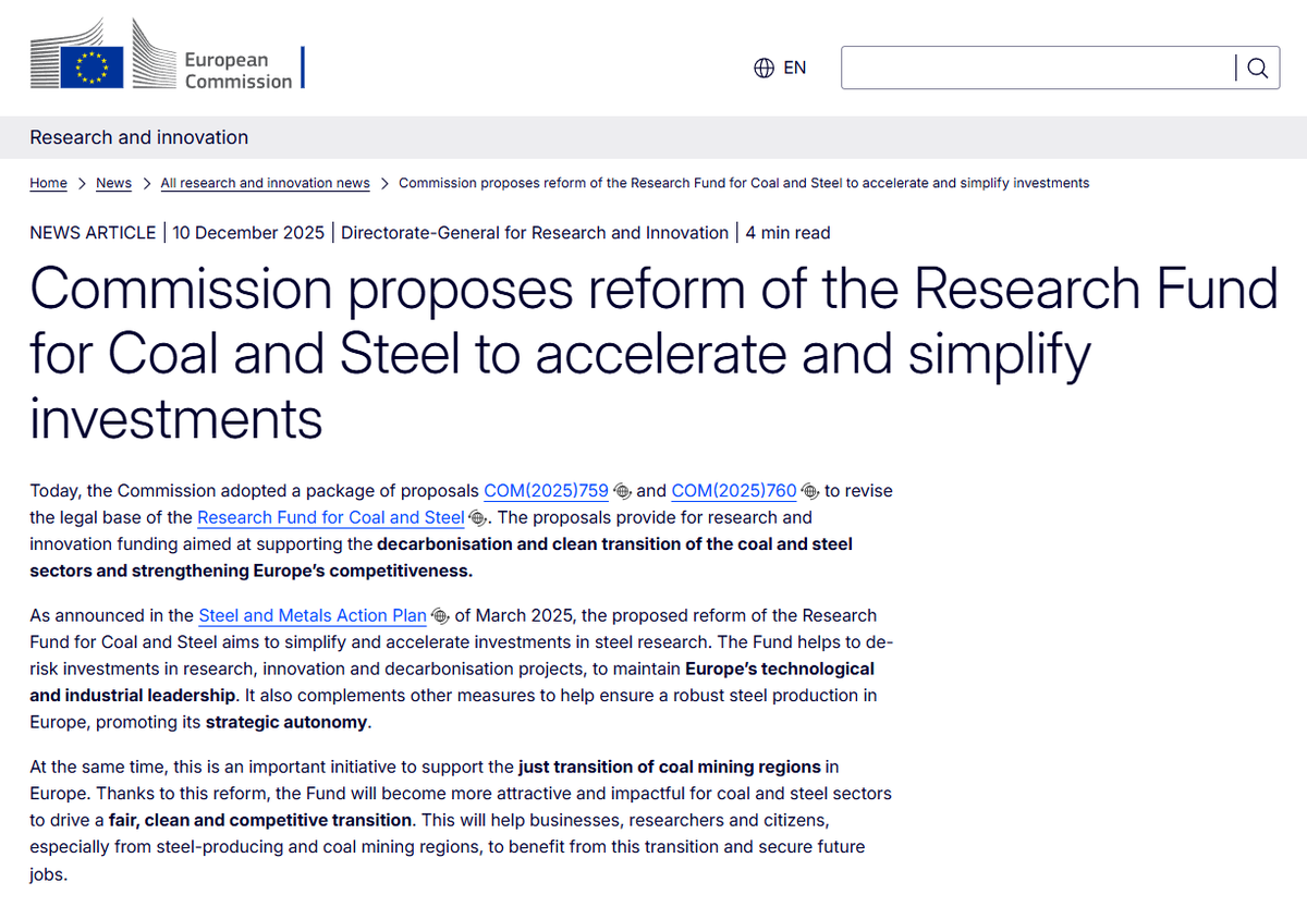 SebiFumeroEU's tweet photo. This week @EU_Commission has proposed a major reform of the RFCS program:
✅Funding up to €200M/year
 ✅FP10-aligned rates
 ✅Clearer dual-use rules
 👉 https://t.co/6qSSLsSiMz
The new legal basis will help accelerate innovation in the steel sector &amp; support the coal transition. https://t.co/e6RBZZEjJL