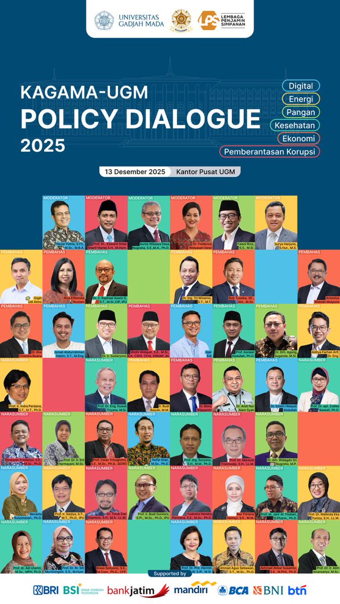 Besok di KAGAMA - UGM Policy Dialogue 2025 
hari, tanggal : Sabtu, 13 Desember 2025
pukul : 11.30-16.30 WIB 
tempat : 
- Ruang Sidang Pimpinan, Lantai 2 Sayap Utara, Gedung Pusat UGM (diskusi)
- Ruang Multimedia 1, Lantai 3 Sayap Utara, Gedung Pusat UGM (pleno)