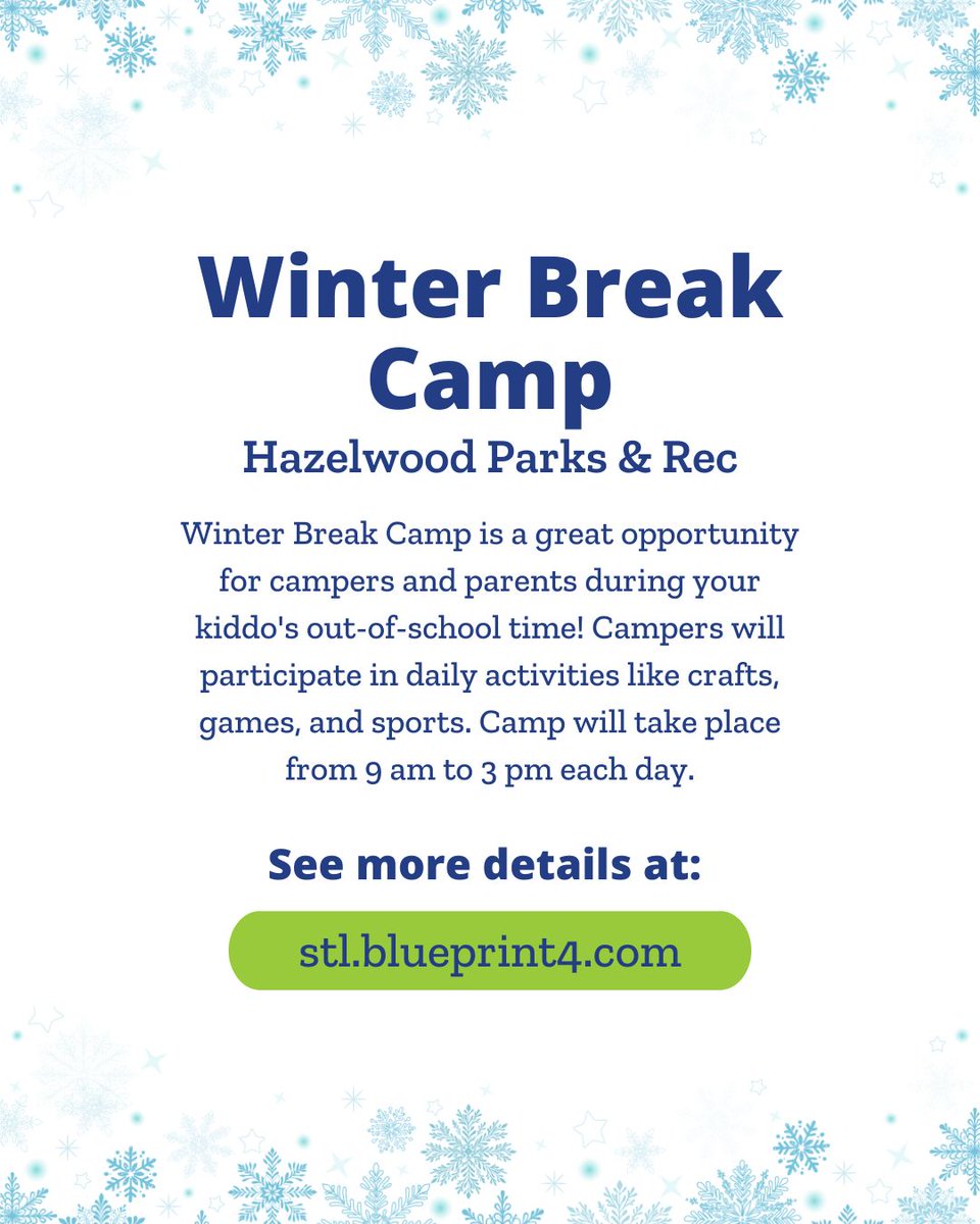 Winter break is nearly here — have you secured your child’s spot in a camp or program? Browse options on Blueprint4 now and give them something to look forward to like this winter break camp from <a href="/CityofHazelwood/">City of Hazelwood</a>! #CampReady #WinterFun