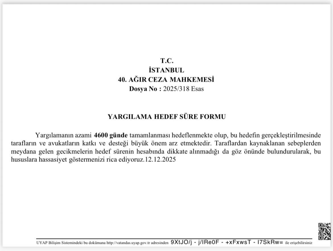 4600 gün… 

Tam 12,5 yıl.

Bir davanın tamamlanması için öngörülen süre buysa, ortada adil yargılama değil; bilinçli biçimde uzatılan bir süreç ve bunun sonucunda fiilî bir cezalandırma pratiği vardır.

Makul süre hakkı kâğıt üzerinde, tutuksuz yargılama ilkesi ise fiilen