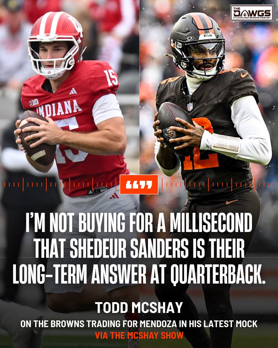 thedawgspodcast's tweet image. "I’m not buying for a millisecond that Shedeur Sanders is their long-term answer at quarterback."

In his latest flash mock, Todd McShay has the Browns at Pick 4 trading with the Giants at Pick 1 to select Indiana QB Fernando Mendoza. 

McShay doesn’t elaborate on why he thinks…