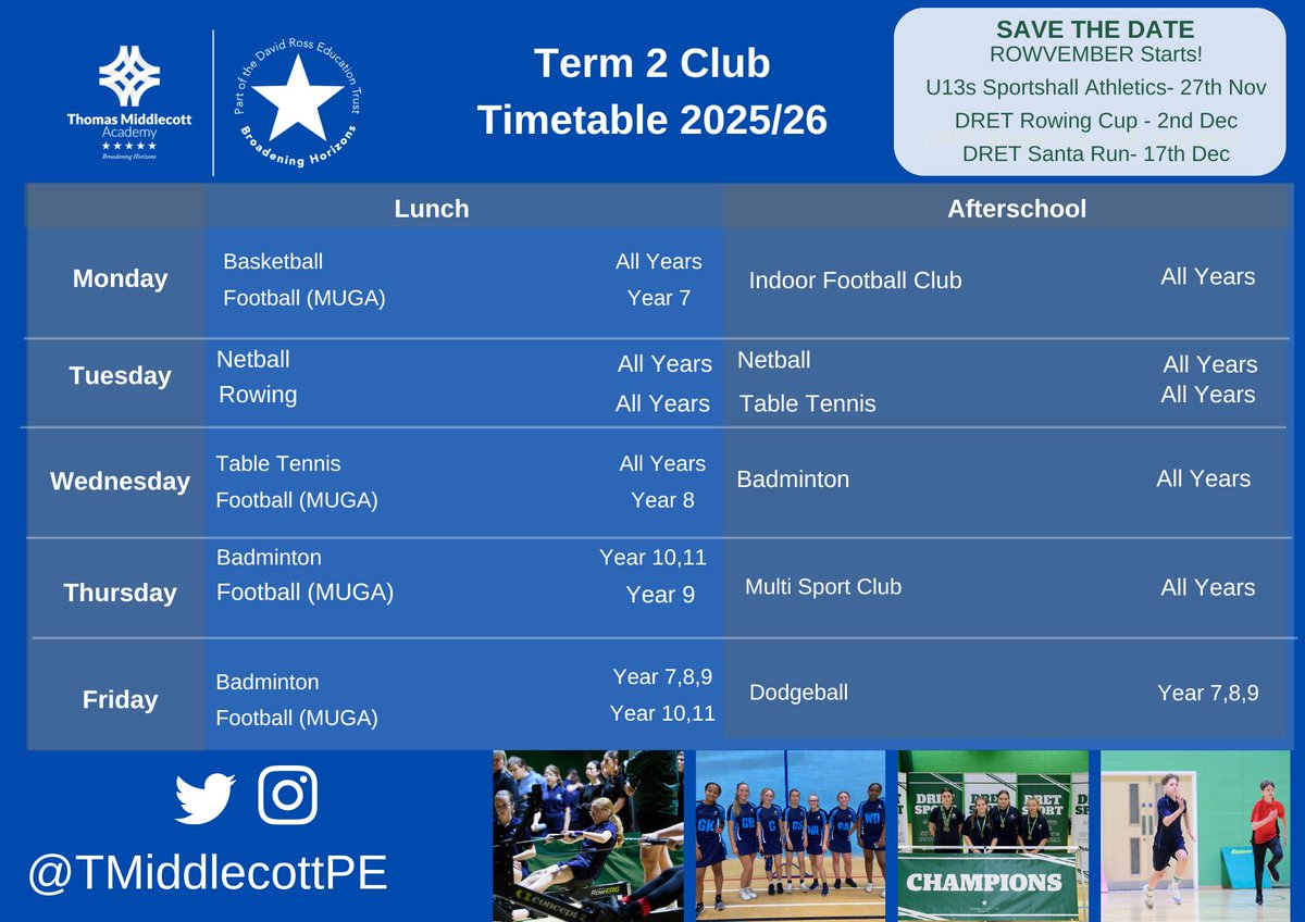 TMiddlecottPE's tweet image. Term 2 Club timetable! Last week of these particular clubs.