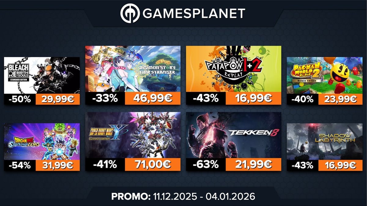 Le feu d'artifice de Bandai pour cette fin d'année, avec de belles réductions sur des sorties récentes comme #LittleNightmares III ou #Digimon Story Time Stranger. Et qui n'aime pas Patapon ?

🔥 gplnk.com/games/offers/b…