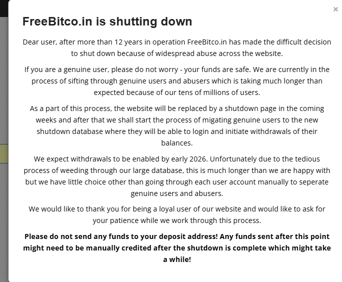 C7CryptoHub's tweet image. So Finally after 12 Years FreeBitco is shutting down.
Many Users started their crypto life with this website.  Freebitco helped Many to earn Bitcoin without investment. Such a good website. 
Really Sad to see this.  Hope genuine users get their funds.

$BTC $CRYPTO