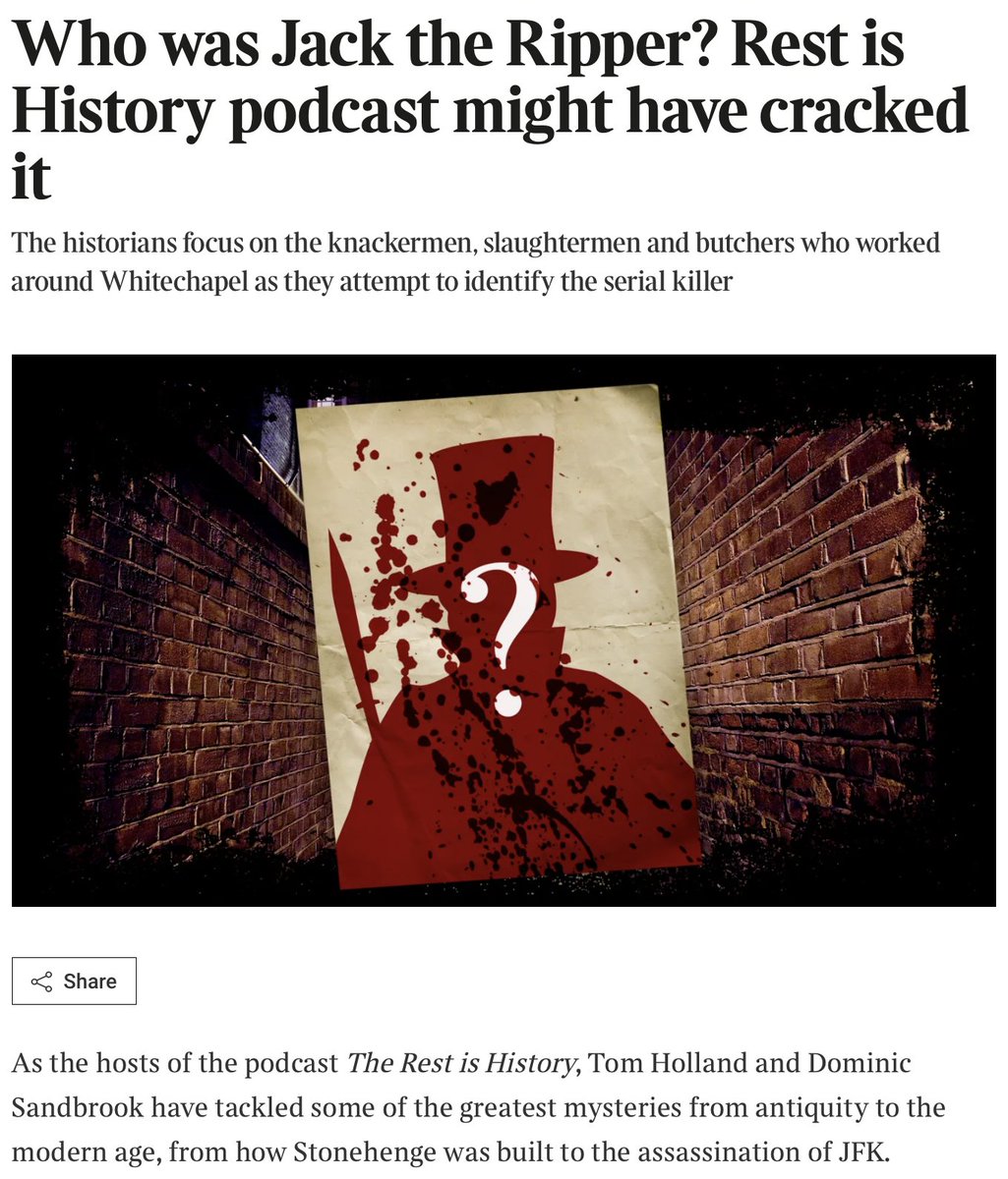 MuseumRipper's tweet photo. What if Jack the Ripper wasn’t an aristocrat, a doctor, or a royal scandal, but an overlooked Victorian labourer?  🔎
Tom Holland &amp; Dominic Sandbrook’s latest Rest Is History series tears down old theories and follows the trail back to Whitechapel. 
https://t.co/mp1mQDaFPm https://t.co/Yuru4bDYVI