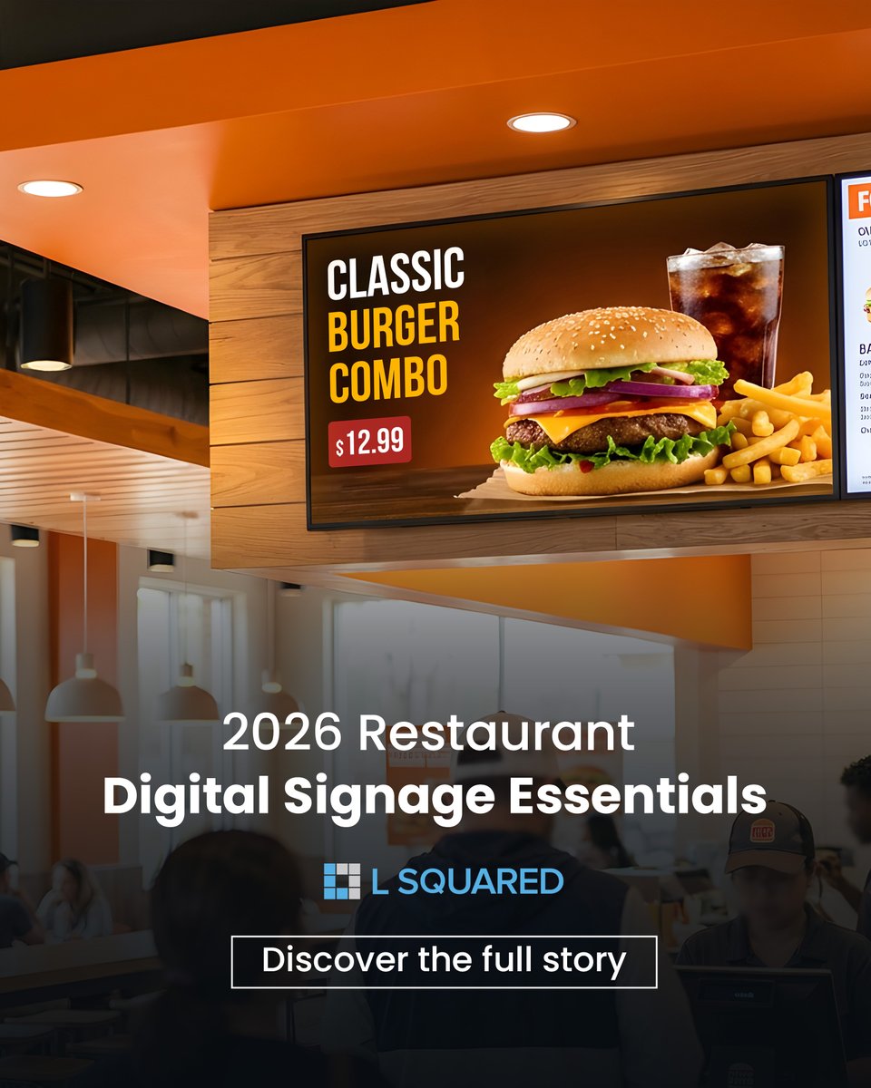 LSquaredDigital's tweet image. Restaurant screens now do more than show menus: they guide flow, cut friction, and keep every location in sync. Here’s a quick look at the features redefining the guest journey in 2026. 

Full story: lsquared.com/digital-signag…

#digitalsignage #lsquareddigital #QSR