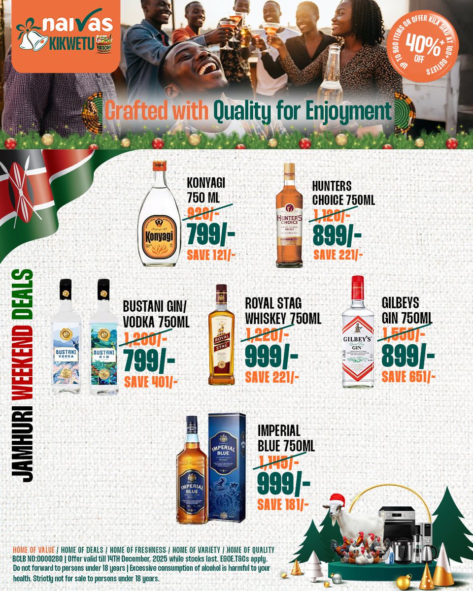 AndyAndy's tweet image. Naivas wametoa form ya long weekend kwa kuwapa discounts mzuri mzuri. 
Ingia hio branch near you and pick your essentials among other items. 

Drink responsibly. 🔞
Don't drink and drive. 

#NaivasAt35 #NaivasKrisiKikwetu #35YearsOfDeals