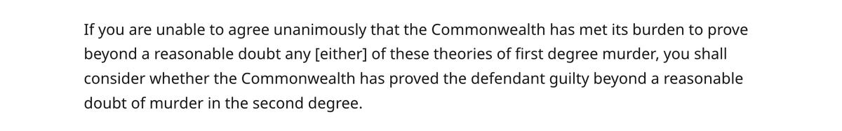 oxfordcommander's tweet photo. @LawyerYouKnow "Murder in the first degree
"There are two different degrees of murder: murder in the first degree and murder in the second degree. If you find the defendant guilty of murder, you shall decide the degree of murder. . . ." [see pic for the rest] https://t.co/hZo9IdyZSr