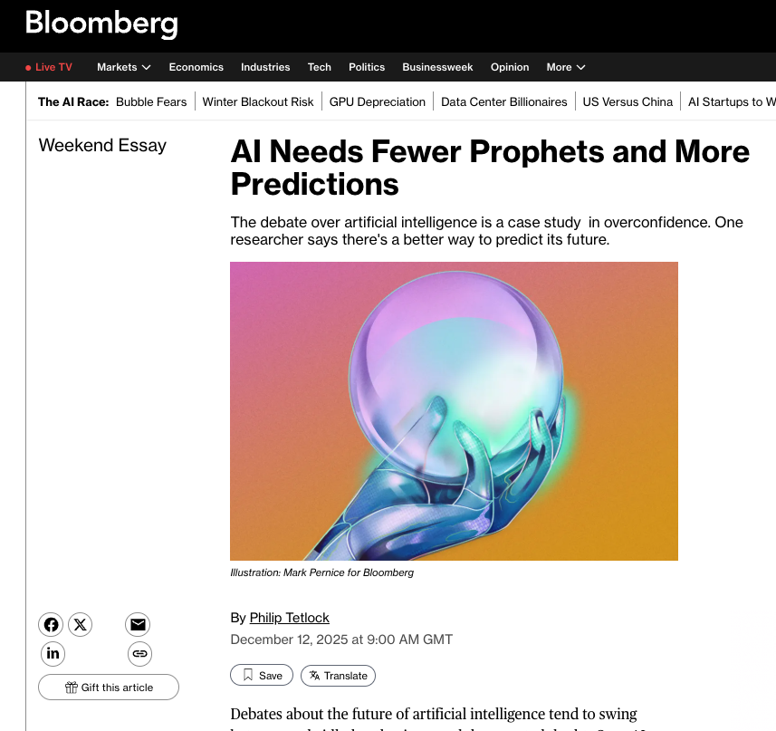 In Bloomberg today, FRI Chief Scientist, <a href="/PTetlock/">Philip E. Tetlock</a> argues that the debate over AI progress needs falsifiable forecasts rather than broad statements:

"The debate over the future of AI deserves fewer overconfident proclamations and more precise, policy-relevant predictions.