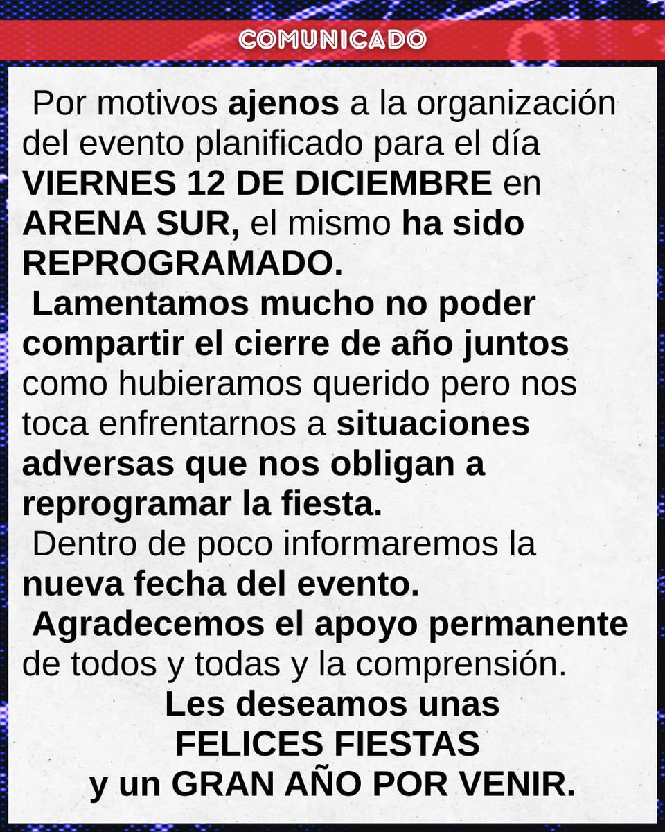 ‼️COMUNICADO / FIESTA DE FIN DE AÑO REPROGRAMADA

POR MOTIVOS AJENOS A LA ORGANIZACION DEL EVENTO EL MISMO HA SIDO REPROGRAMADO.