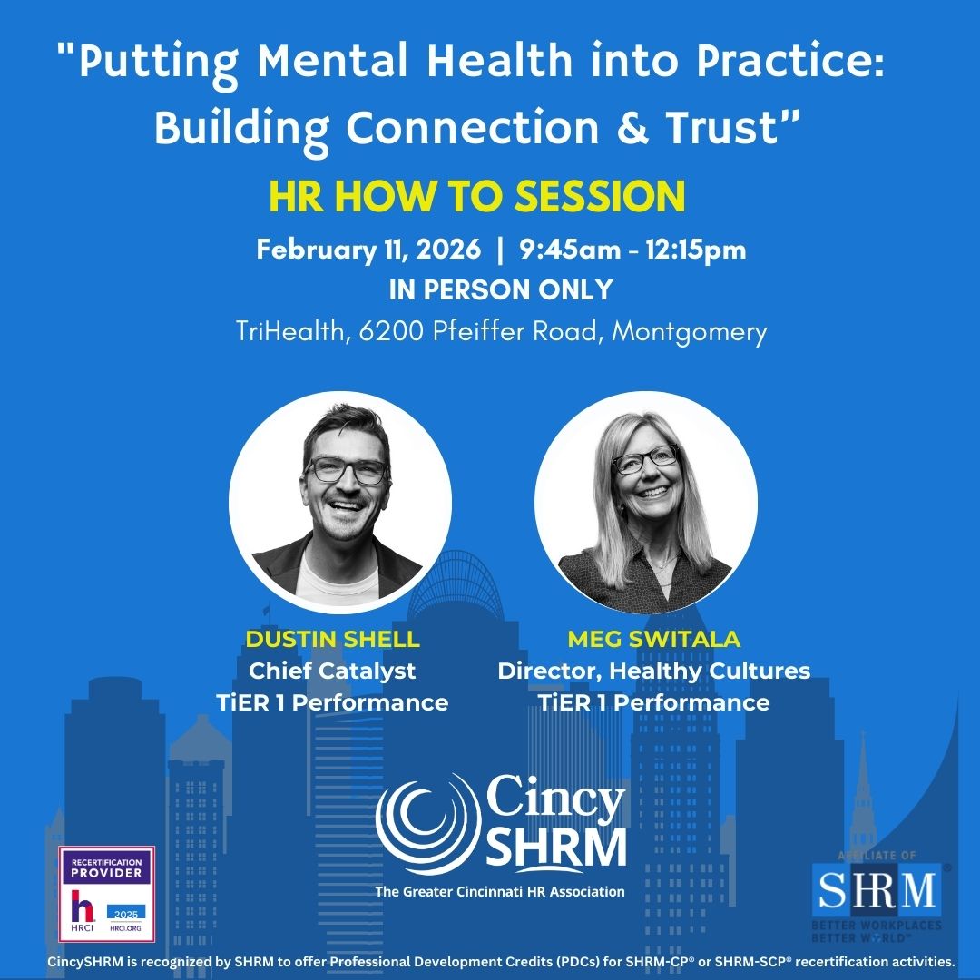 CincySHRM's tweet image. Strengthen connection. Build trust. Lead with confidence.
This interactive program combines expert insights with real-world tools to help leaders navigate workplace mental health conversations effectively.
More info: cincyshrm.glueup.com/event/164151
#HRLeadership #HREducation #CincySHRM