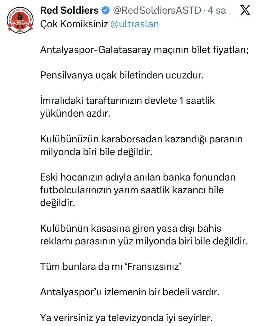 💥 Antalyaspor taraftarları derneğinin , bilet fiyatlarını fazla bulan ultraaslan’a yaptığı gönderme 🚀