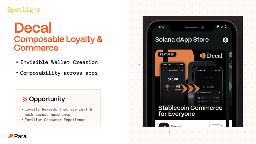 get_para's tweet photo. Fintech innovation is accelerating on @solana

These teams, featured in @_nityas' talk at @SolanaConf Money Summit today, are building production-grade financial products on Solana, all built on Para's wallet infrastructure ✴️

• @xelio_xyz: P2P payments delivered through SMS and Whatsapp, giving users an instant and familiar experience while stablecoins move seamlessly in the background

• @useDecal: Merchant rewards and loyalty programs built on crypto rails. Decal gives businesses programmable incentives and real-time settlement

• @Rampa_cash:  A compliant, consumer-first remittance experience that leveraged crypto for faster, lower-cost cross-border payments