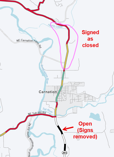 DuvallTraffic's tweet photo. @wsdot_traffic Mind updating the map?  This section of SR 203 north of Carnation is all that is keeping Duvall closed off now. https://t.co/2ZadUNNSEw