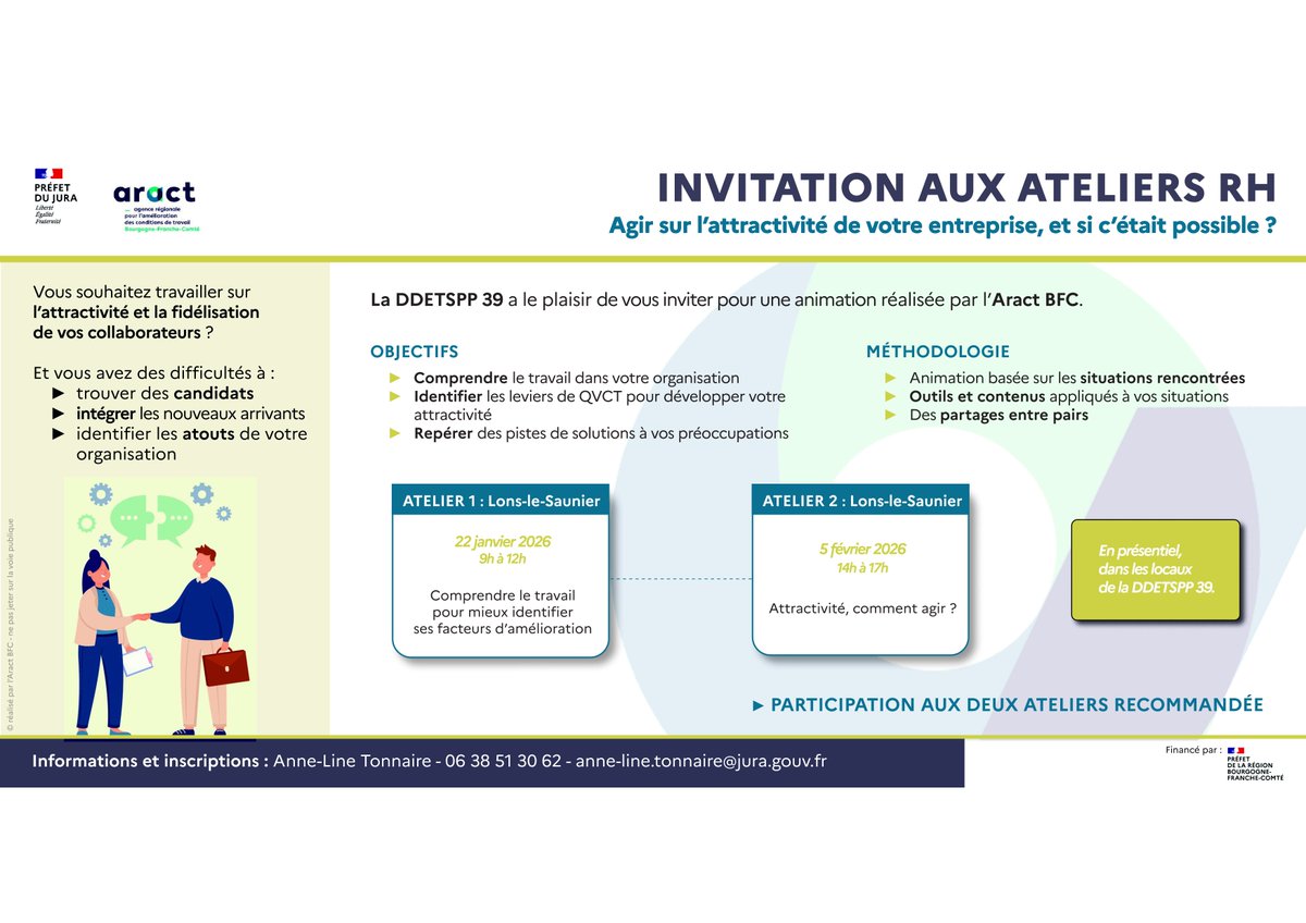 Image de Préfet du Jura - 💼 Ateliers RH : Agir sur l’attractivité de votre entreprise

La DDETSPP du Jura propose aux employe