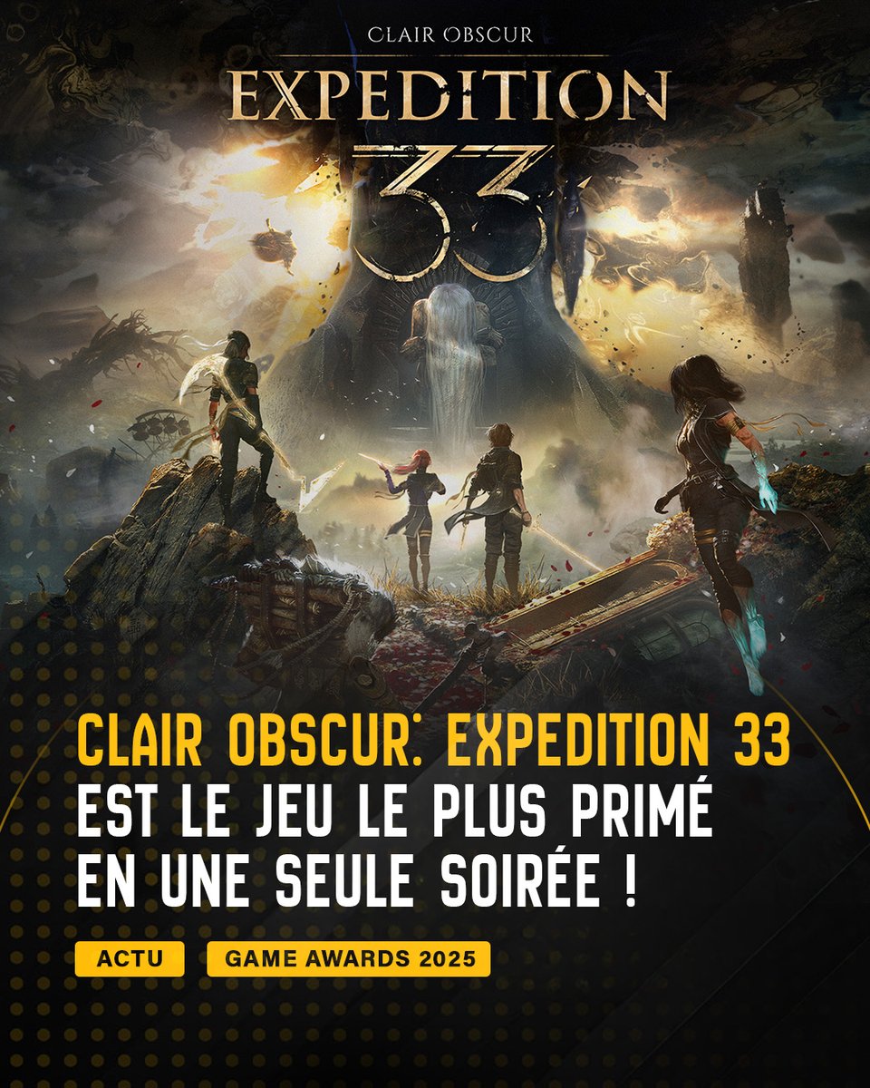 Le studio Sandfall Interactive a fait trembler les Game Awards : 9 prix sur 11 nominations, dont le GAME OF THE YEAR 2025 🏆

Voici les trophées remportés :
▪️ Meilleur premier jeu
▪️ Meilleur jeu indépendant
▪️ Meilleure performance (Jennifer English en Maëlle)
▪️ Meilleure