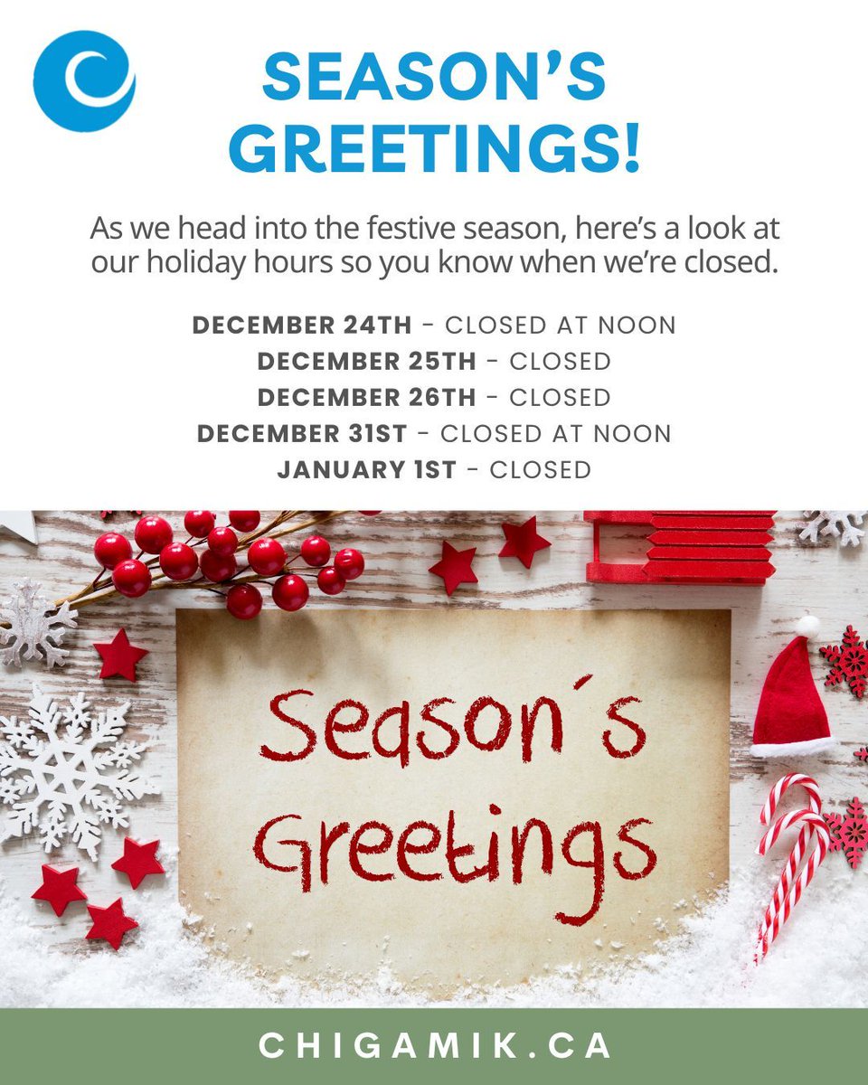 ✨ Season’s Greetings! 

As we head into the festive season, here’s a look at our holiday hours so you know when we’re closed.

🕛 December 24th – Closed at noon
🚫 December 25th – Closed
🚫 December 26th – Closed
🕛 December 31st – Closed at noon
🚫 January 1st – Closed