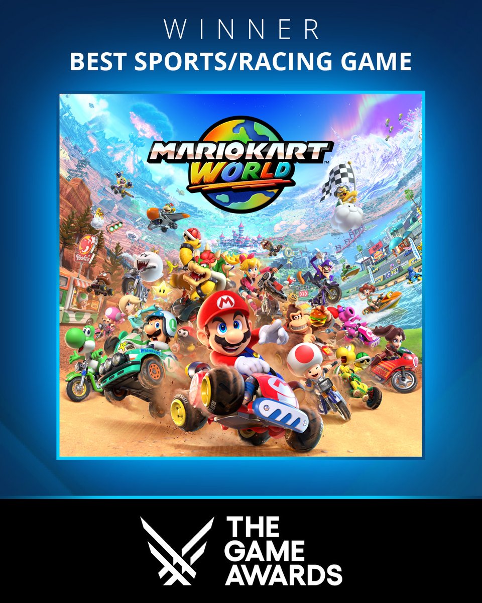Here we go! Mario Kart World takes Best Sports/Racing Game at #TheGameAwards! Thank you for hitting the open road with Mario and friends.