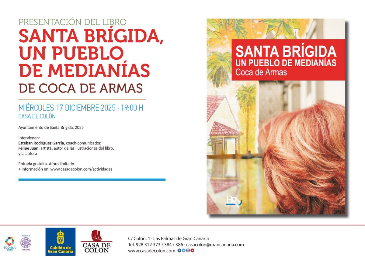 felipejuanarte's tweet photo. Tras algo más de tres años de presentar el proyecto (libro y serie de cuadros) dedicado al municipio de #SantaBrígida junto a su autora: #CocadeArmas, nuevo turno tras la gran acogida y agotarse los libros.
Será el miércoles 17 de diciembre en la #CasaColon a las 19 horas. https://t.co/oDoJAW6IGw