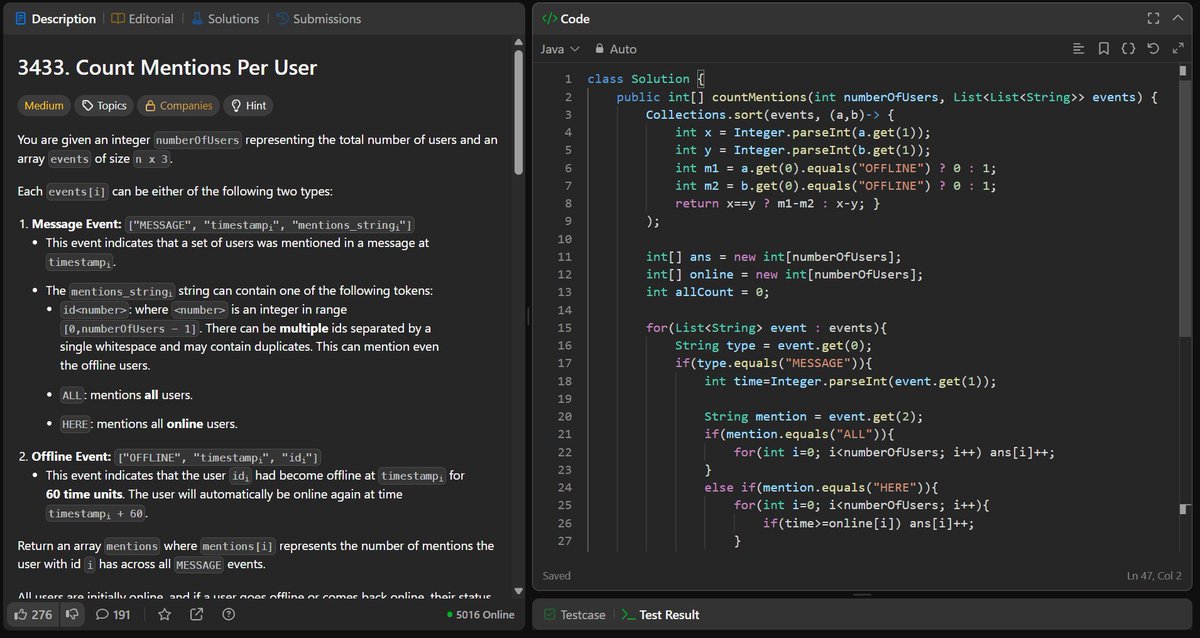 Aditya_Ch_20's tweet image. LeetCode daily done! 🔥

Today’s problem was Count Mentions Per User — a bit tricky with sorting + online/offline tracking, but got it working.
Streak hits 104 days today… 

#LeetCode #100DaysOfCode #DSA #Java #CodingJourney