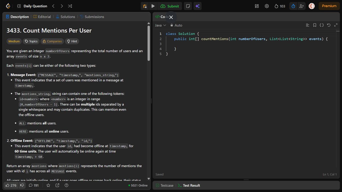 Aditya_Ch_20's tweet image. LeetCode daily done! 🔥

Today’s problem was Count Mentions Per User — a bit tricky with sorting + online/offline tracking, but got it working.
Streak hits 104 days today… 

#LeetCode #100DaysOfCode #DSA #Java #CodingJourney