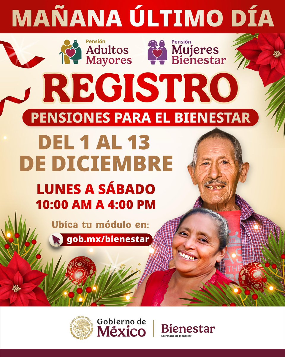A_MontielR's tweet photo. ❤️ #PensionesBienestar ❤️
Regístrate a la #PensiónMujeresBienestar si ya cumpliste 60 años, o a la #PensiónAdultoMayor si tienes 65 años o más. Mañana es el último día para acudir al #MóduloBienestar más cercano a tu domicilio.

Ubícalo en: https://t.co/qDcP7nqzUB 

#HumanismoMexicano
#PrimeroLosPobres
