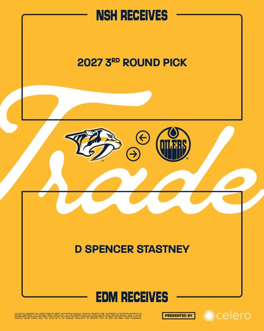 Trade graphic, D Spencer Stastney to EDM for a 2027 3rd round pick. The celero logo is in the bottom right corner 