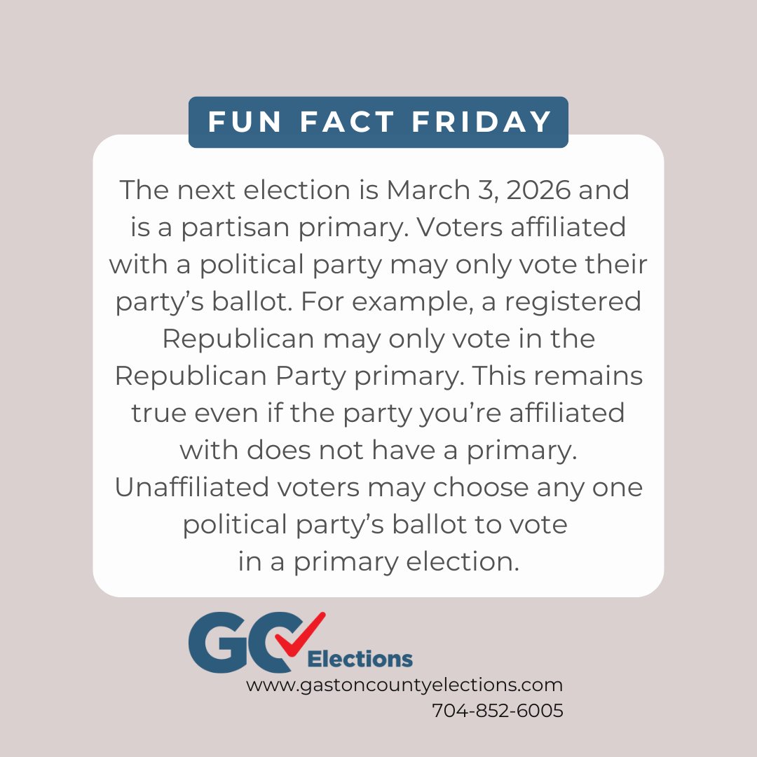 Fun Fact Friday: the next election is a partisan primary on March 3, 2026. Voters affiliated with a political party may only vote their party's ballot. Unaffilated voters can choose any one political party's ballot to vote. Check your voter registration - vt.ncsbe.gov/reglkup/