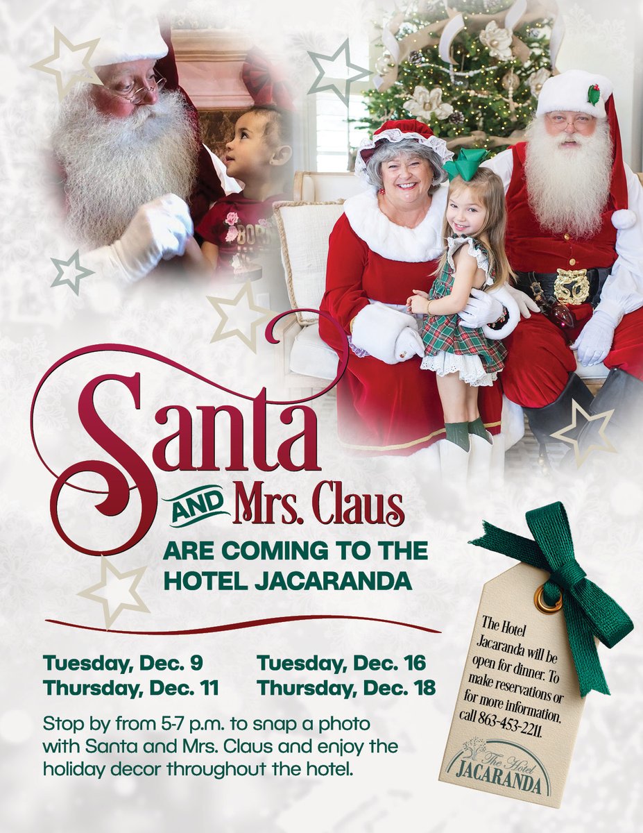 SFSCAlumni's tweet image. Plan to visit the Hotel Jacaranda this holiday season to peruse the beautifully decorated historic hotel and visit with Santa and Mrs. Claus.